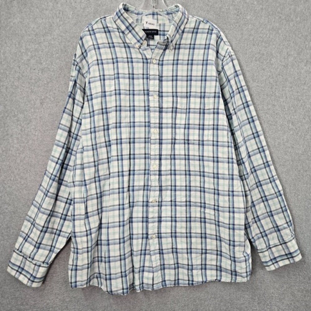 Lands End Men Button Up Shirt 2XL Blue Plaid Linen Blend Pocket Long Sleeve